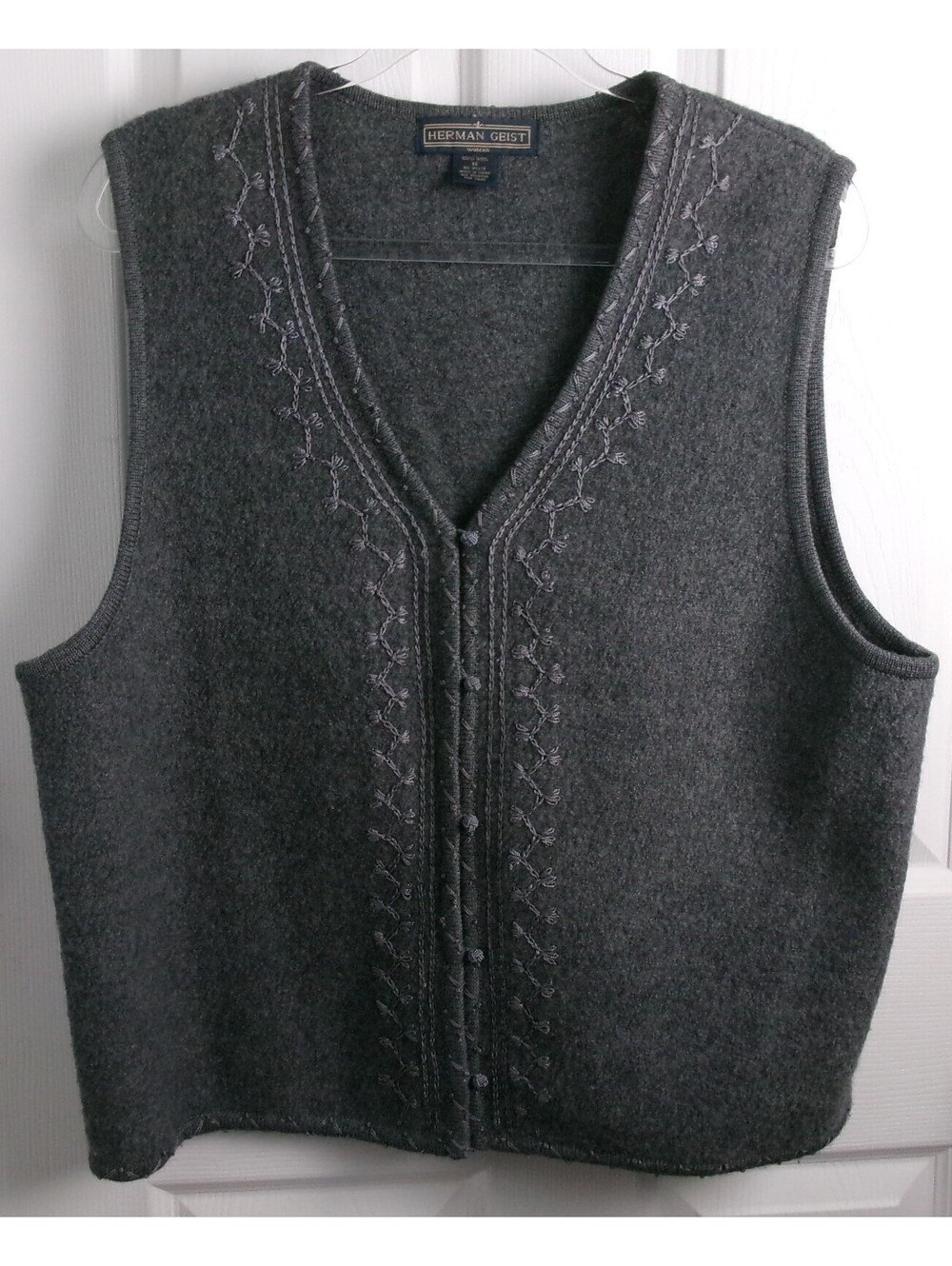 Herman Geist Women's 1X 100% Wool Embroidered Sweater Vest Gray Button Front